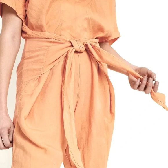 Free People Shining Sun Wrap Linen Jumpsuit Romper Playsuit Orange Cutout Sz L - Picture 5 of 12